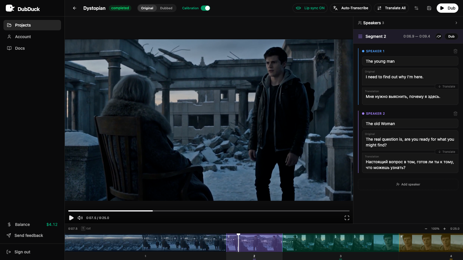 The full editor with all four regions labeled: top bar, video player, right sidebar, and timeline.