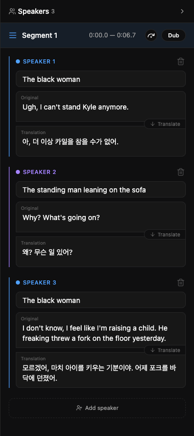 The segment editor in the right sidebar showing the speaker label, Original and Translation fields, the per-line Translate button, and Add speaker.