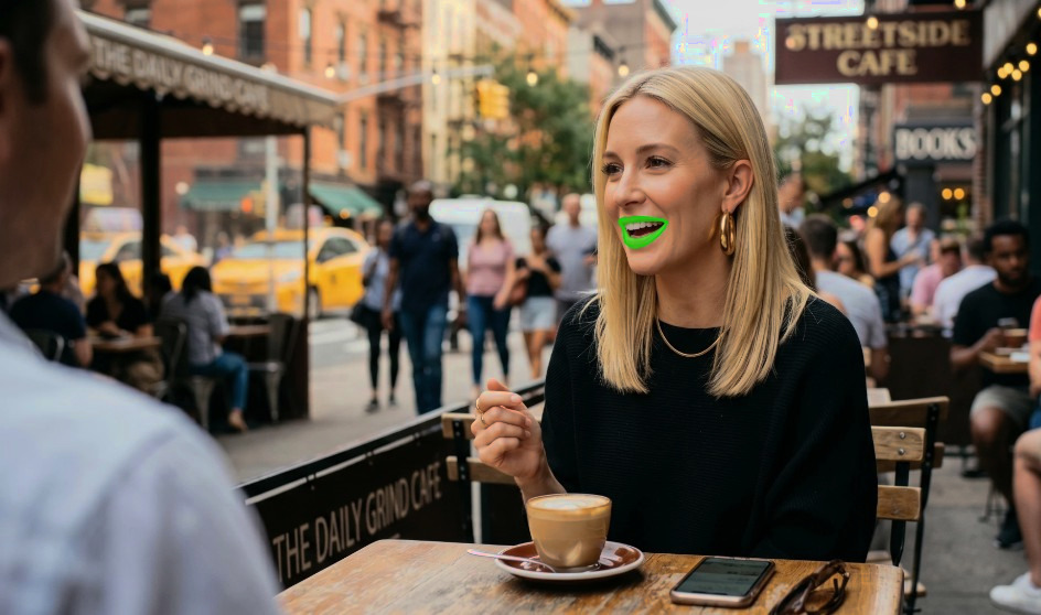 Lip-sync tracking highlighting a speaker's mouth in a busy cafe scene